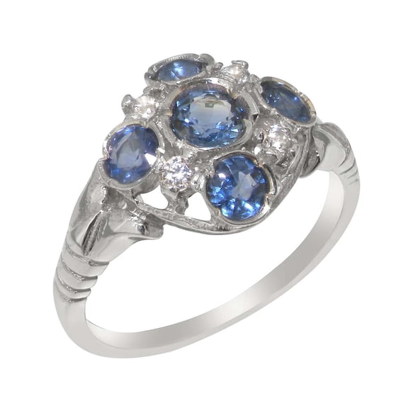 LBG British Made Traditional Solid 925 Sterling Silver Ring with Natural Sapphire & Cubic Zirconia Womens Statement Ring - 33 size options - Size 4.25