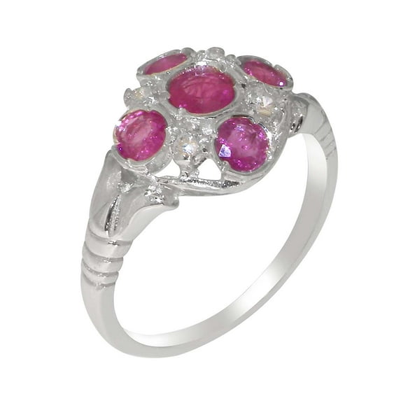 LBG British Made Traditional Solid 9k White Gold Ring with Natural Ruby & Cubic Zirconia Womens Statement Ring - 33 size options - Size 4.25