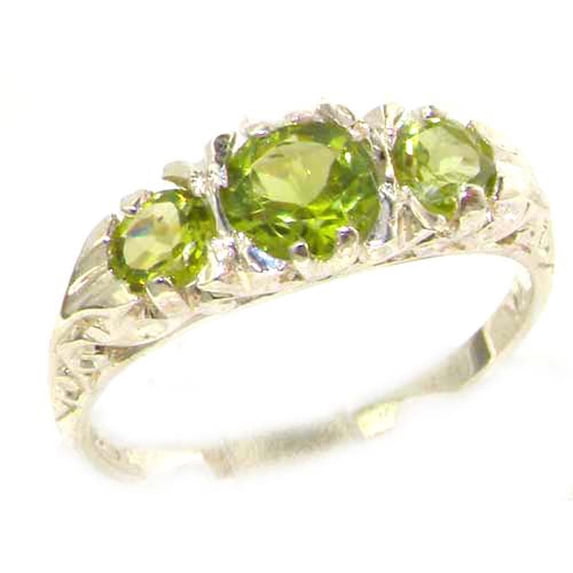 LBG British Made VINTAGE style Solid 10K White Gold Natural Peridot Trilogy Ring