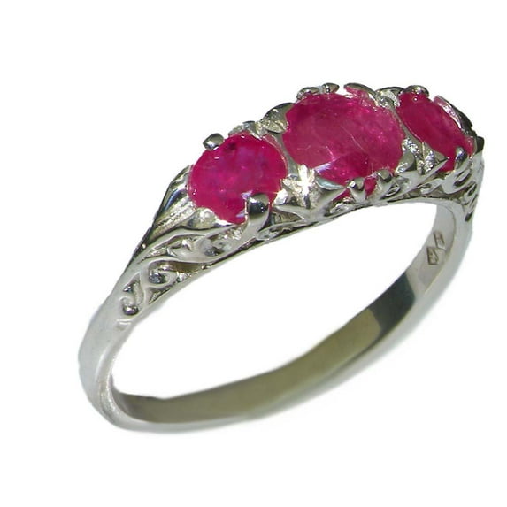 LBG British Made VINTAGE style Solid 10K White Gold Natural Ruby Trilogy Ring