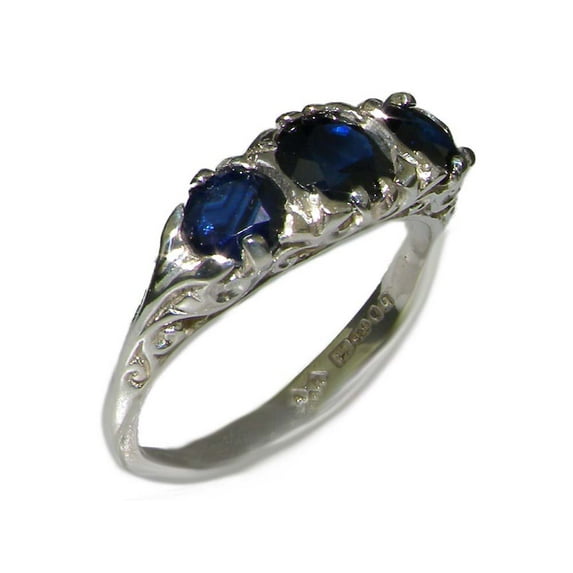 LBG British Made VINTAGE style Solid 10K White Gold Natural Sapphire Trilogy Ring