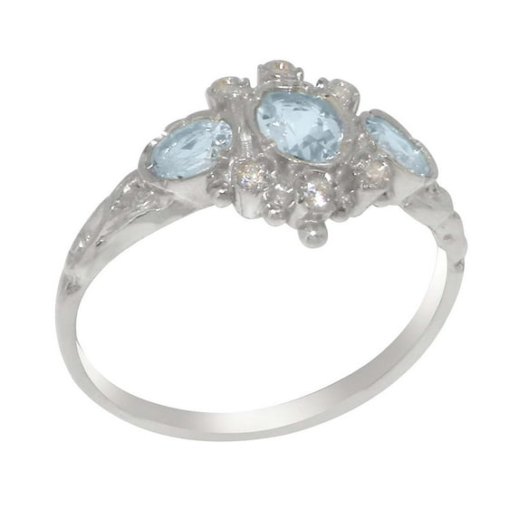 LBG English Made 14k White Gold Womens Ring Natural Aquamarine & Diamond Anniversary Ring - Size 7.5