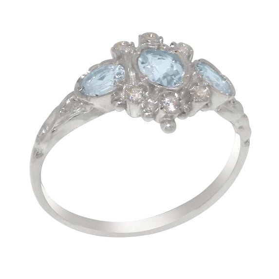 LBG English Made 18k White Gold Natural Aquamarine & Cubic Zirconia Womens Anniversary Ring - Size 8.75