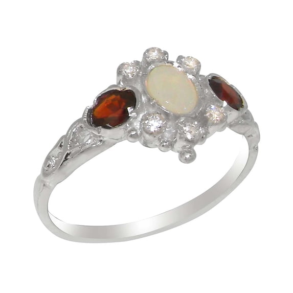 LBG English Made 18k White Gold Ring with Natural Opal Garnet Cubic Zirconia Womens Anniversary Ring - Size 4