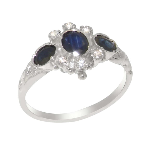 LBG English Made 925 Sterling Silver Real Natural Sapphire & Cubic Zirconia Womens Statement Ring - Size 8