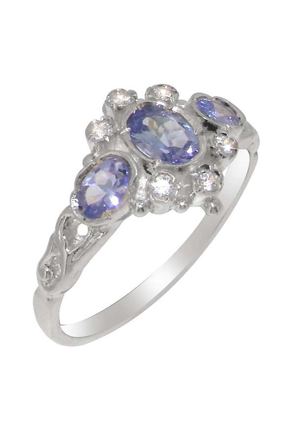LBG English Made 925 Sterling Silver Womens Ring Natural Tanzanite & Cubic Zirconia Anniversary Ring - Size 7.5