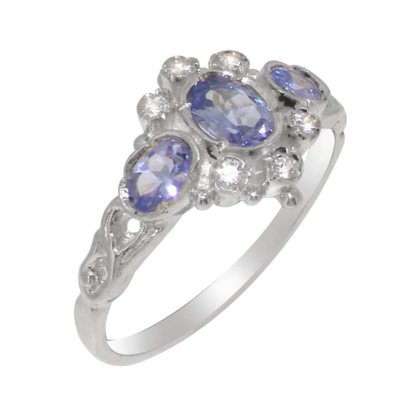 LBG English Made 925 Sterling Silver Womens Ring Natural Tanzanite & Cubic Zirconia Anniversary Ring - Size 7.5