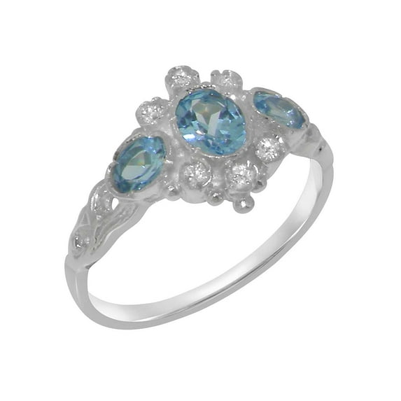 LBG English Made 9k White Gold ring with Natural Blue Topaz & Diamond Womens Anniversary Ring - Size 11.25