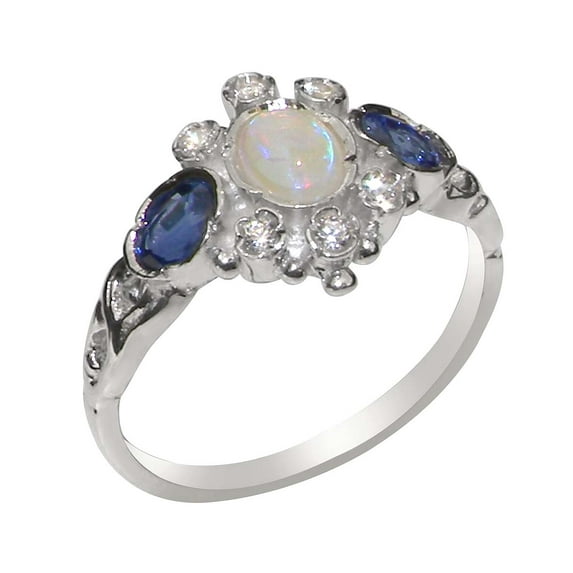 LBG English Made Real 925 Sterling Silver Natural Opal Sapphire Cubic Zirconia Womens Anniversary Ring - Size 6.25