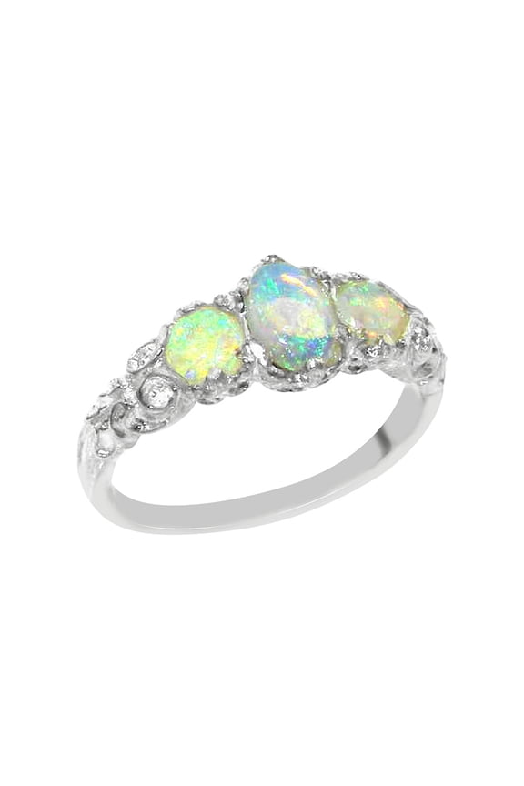 LBG Jewelers 925 Sterling Silver Natural Australian Opal Womens English Vintage Style Three Stone Ring - Size 9