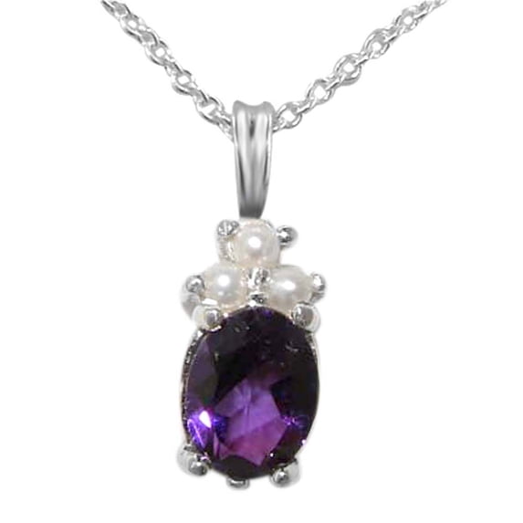 LBG Ladies Solid 925 Sterling Silver Natural Amethyst and Cultured Pearl Contemporary Pendant Necklace