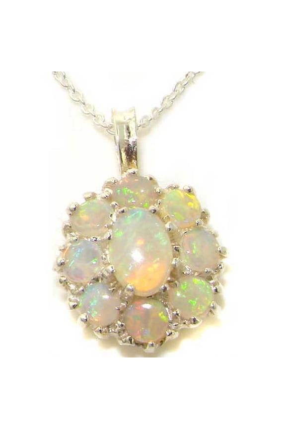 LBG Ladies Solid 925 Sterling Silver Natural Fiery Opal Large Cluster Pendant Necklace