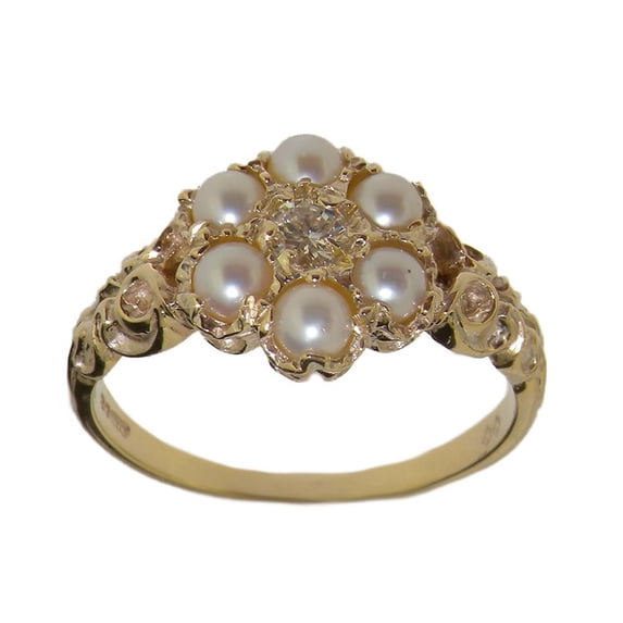 LBG LetsBuyGold 14k Yellow Gold Cultured Pearl & Real Diamond Womens Cluster Ring - Size 11.75 (0.09 cttw, H-I Color, I2-I3 Clarity)