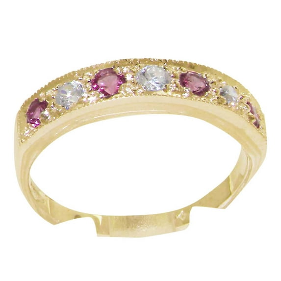 LBG Solid 10k .417 Yellow Gold Natural Diamond and Pink Tourmaline Band Ring (0.16 cttw, H-I Color, I2-I3 Clarity)