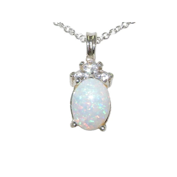 LBG Solid 925 Sterling Silver Natural Opal & Diamond Pendant & Chain (0.18 cttw, H-I Color, I2-I3 Clarity)