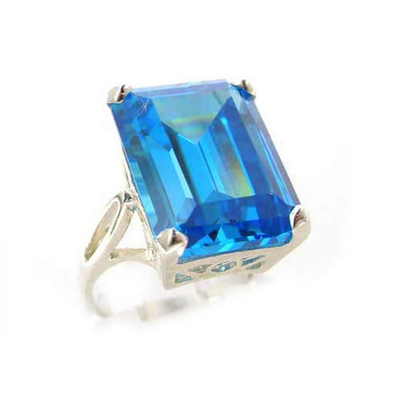 LBG Sterling Silver Womens Large Solitaire Blue Cubic Zirconia CZ Basket Ring - Size 10.75 - Sizes 5 to 12