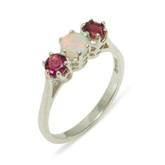 LBG Traditional 9k White Gold Ring with Natural Opal & Pink Tourmaline Womens Promise Ring - Size 4.25