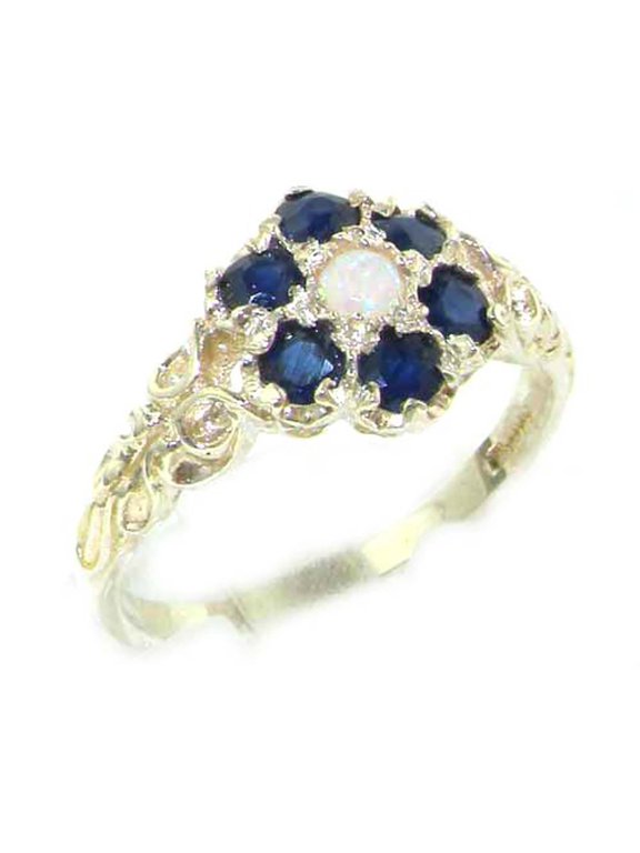 LBG Victorian Ladies Solid Sterling Silver Natural Fiery Opal & Sapphire Daisy Ring - Size 4.75