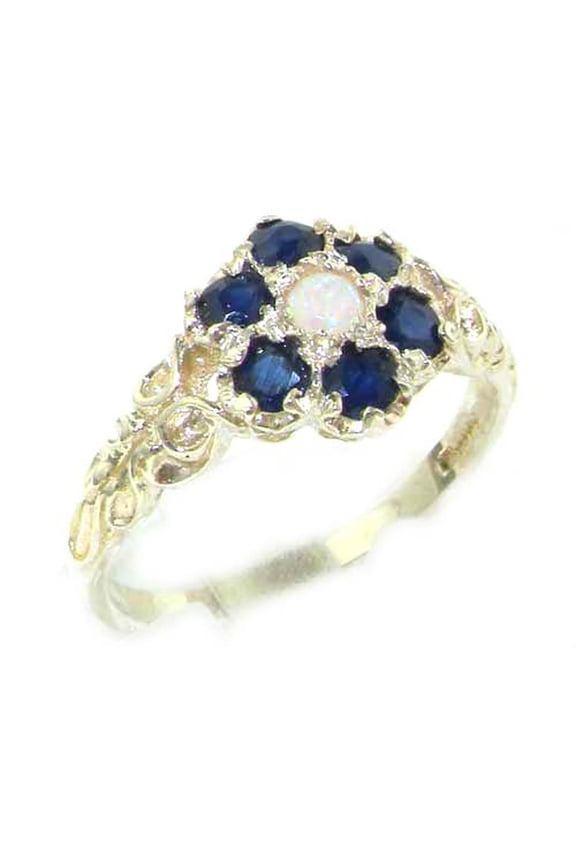 LBG Victorian Ladies Solid Sterling Silver Natural Fiery Opal & Sapphire Daisy Ring - Size 4.75