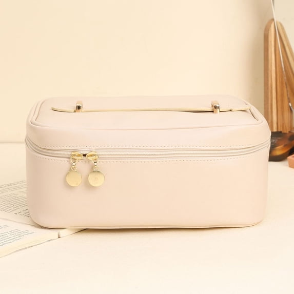 LBGAJGS Large Capacity Travel Cosmetic Bag, Leather Makeup Case with Brush Slots and Divider, Flat Lay Portable Organizer