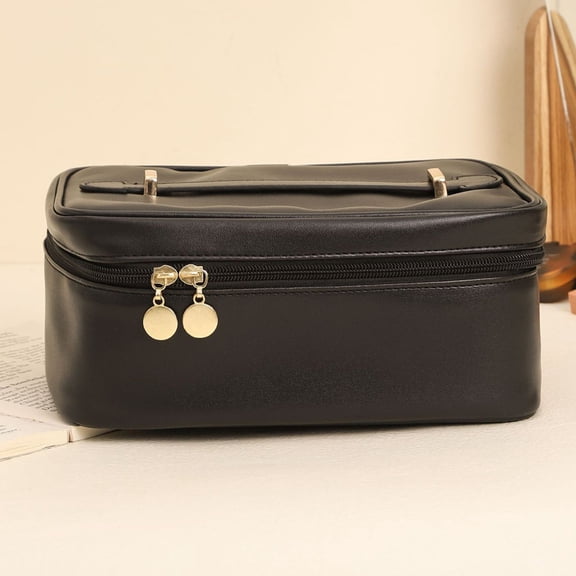 LBGAJGS Large Capacity Travel Cosmetic Bag, Leather Makeup Case with Brush Slots and Divider, Flat Lay Portable Organizer