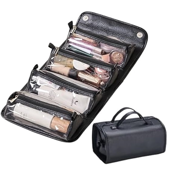 LBGAJGS Travel Toiletry Bag, 4 Detachable Clear Multi Compartment Hanging Makeup Bag, Leather Roll Up Large Capacity