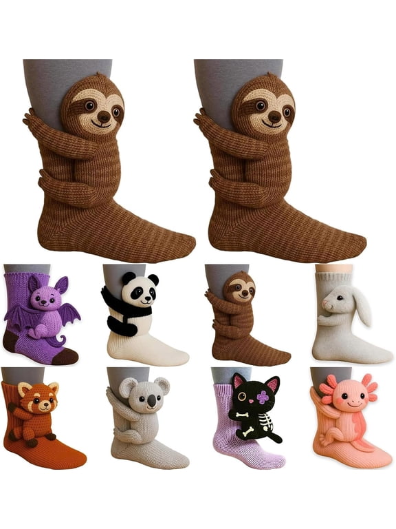 LBHGRMF 3D Knit Animal Sloth Socks for Women, Cute Plush Animal Hug Socks, Cozy Long Stocking for Winter Christmas Gifts