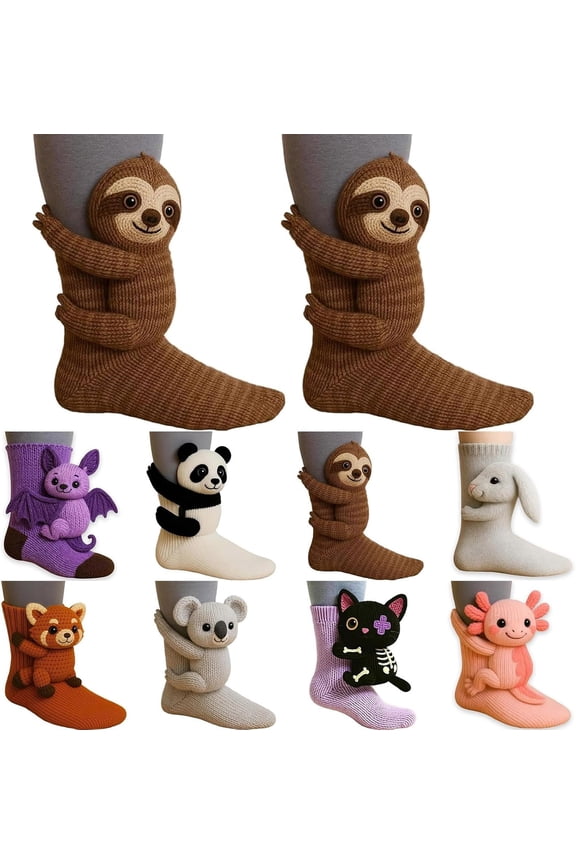 LBHGRMF 3D Knit Animal Sloth Socks for Women, Cute Plush Animal Hug Socks, Cozy Long Stocking for Winter Christmas Gifts