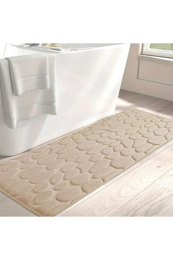 1Pc Bath Rug Embossed Bathroom Mat Water Absorbent and Washable Bath Rugs-Non-Slip-Thick-Soft and Comfortable Carpet for Shower, Beige
