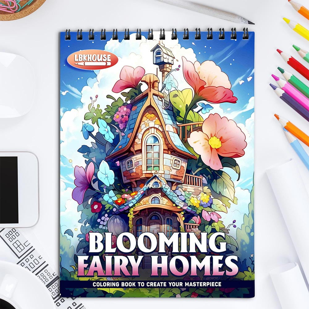 LBKHOUSE Blooming Fairy Homes Coloring Book Spiral Bound for Adults, Premium Cover