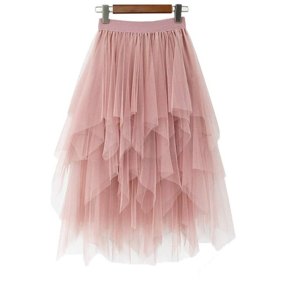 LBKKC Women's Tulle Skirt Formal High Low Asymmetrical Midi Tea-Length Elastic Waist Flowy Skirt Nude Pink