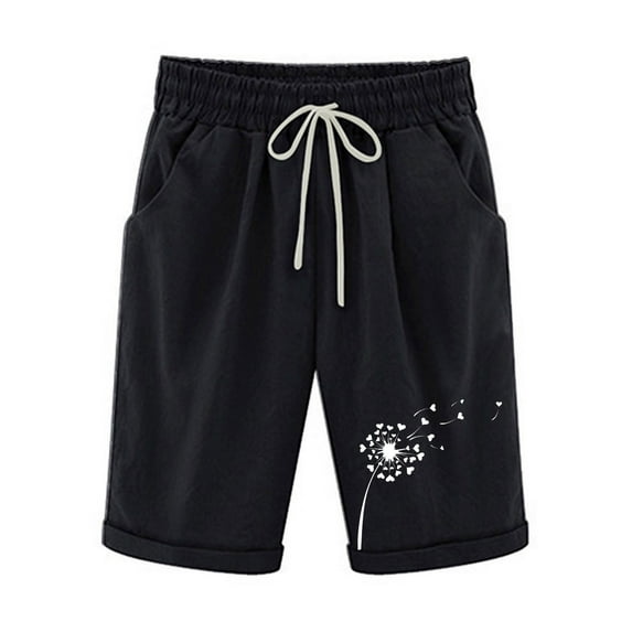 LBKUS Women's Elastic Waist Knee Length Casual Bermuda Shorts Cargo Hiking Summer Dandelion Print Short with Pocket,Black,XL