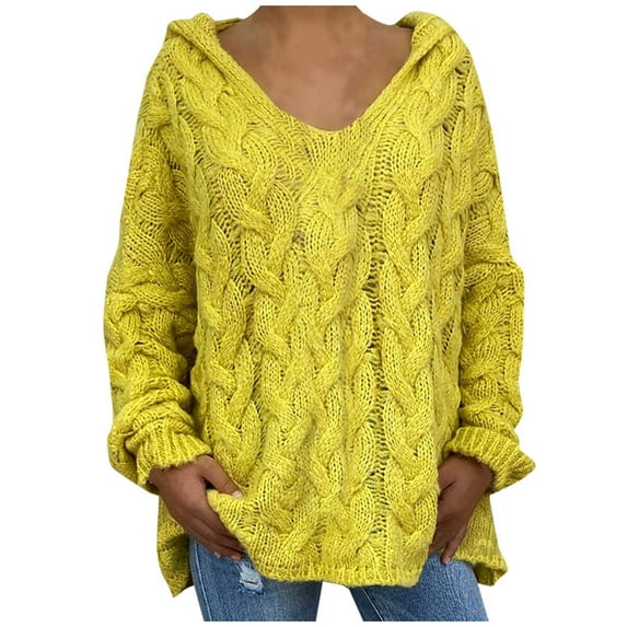 LBLOE Sweaters for Women Women Fashion Loose Large Size Solid Color Hood Long Sleeves Sweater Tops Yellow