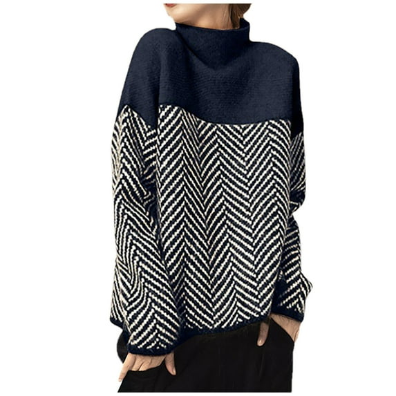 LBLOE Sweaters for Women Women's Turtleneck Sweaters Long Sleeve Oversized Color Block Patchwork Knitted Pullover Navy