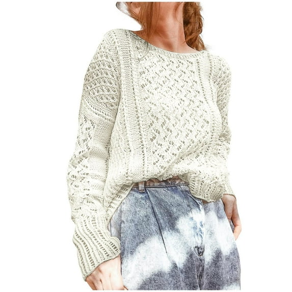 LBLOE Sweaters for Women Womens 2023 Cute Elegant Soft Crewneck Long Sleeve Hollow Cable Knit Pullover Sweaters Beige