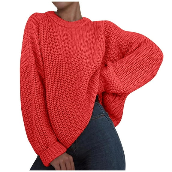 LBLOE Women's Long Sleeve Crew Neck Knit Casual Loose Oversized Pullover Sweater Jumper Tops Red