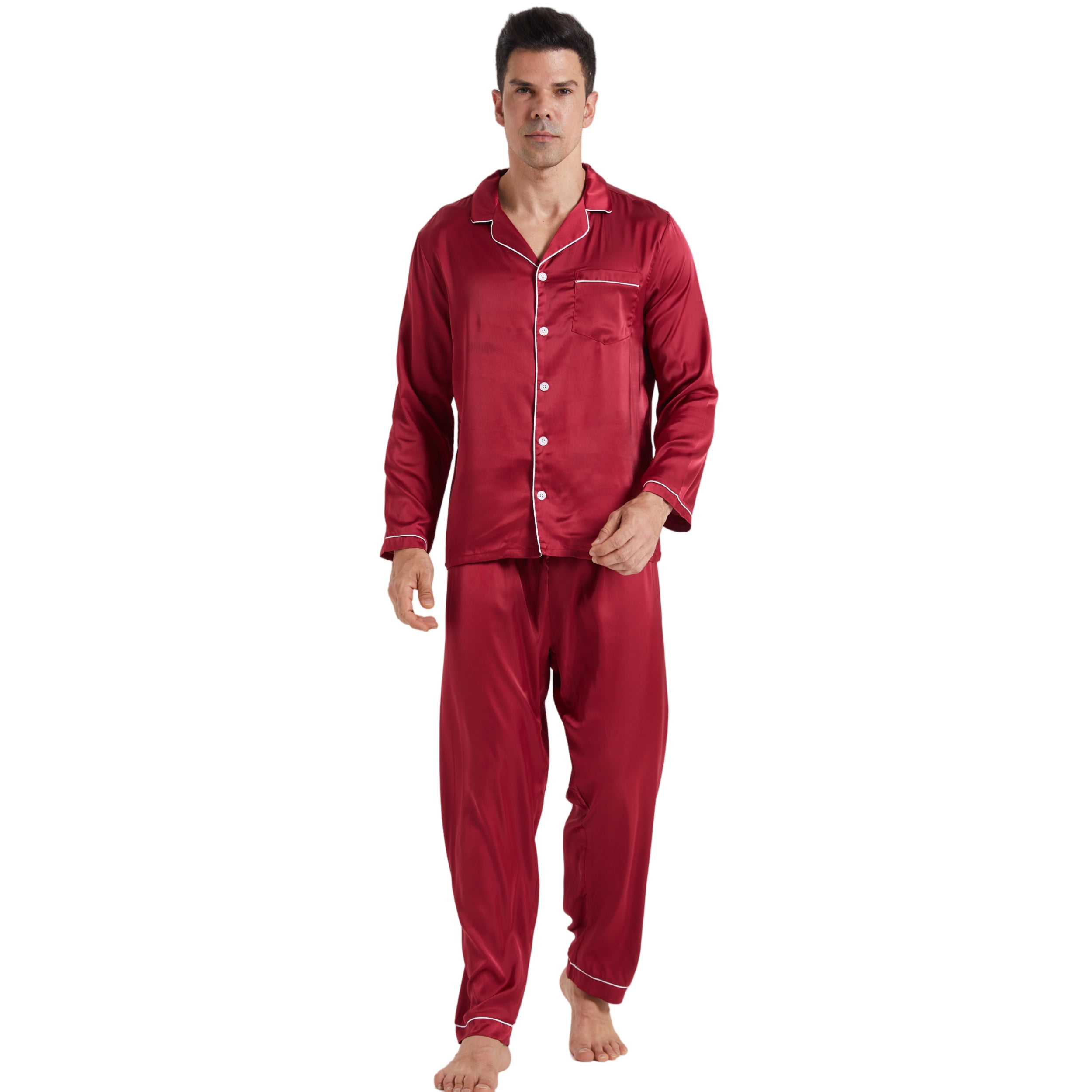 Men's Satin Pajamas Set - Long Sleeve Button Down Pajamas With Pants Silk-like Sleepwear