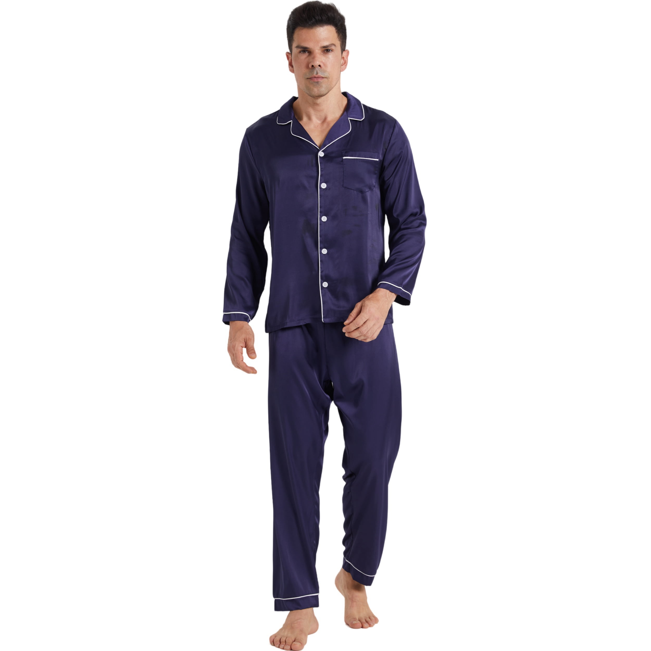 LANBAOSI Mens Satin Pajamas Set Long Sleeve Button Down 2-Piece ...