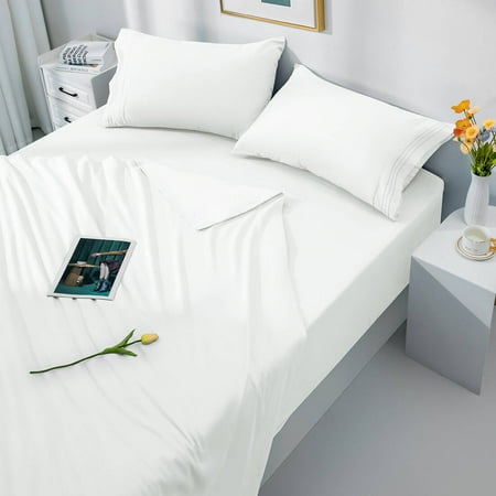 LBRO2M Bed Sheets Set, 1800 Series Hotel Luxury Double Brushed Soft Microfiber Sheets, Deep Pocket 4-Piece, King, White