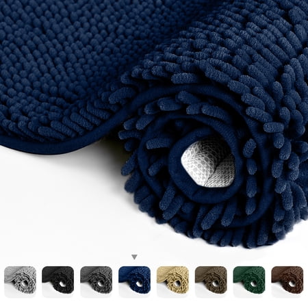 LBRO2M Non-Slip Bath Rugs, Luxury Chenille Soft Absorbent Bath Mats, Navy Blue, 17x24
