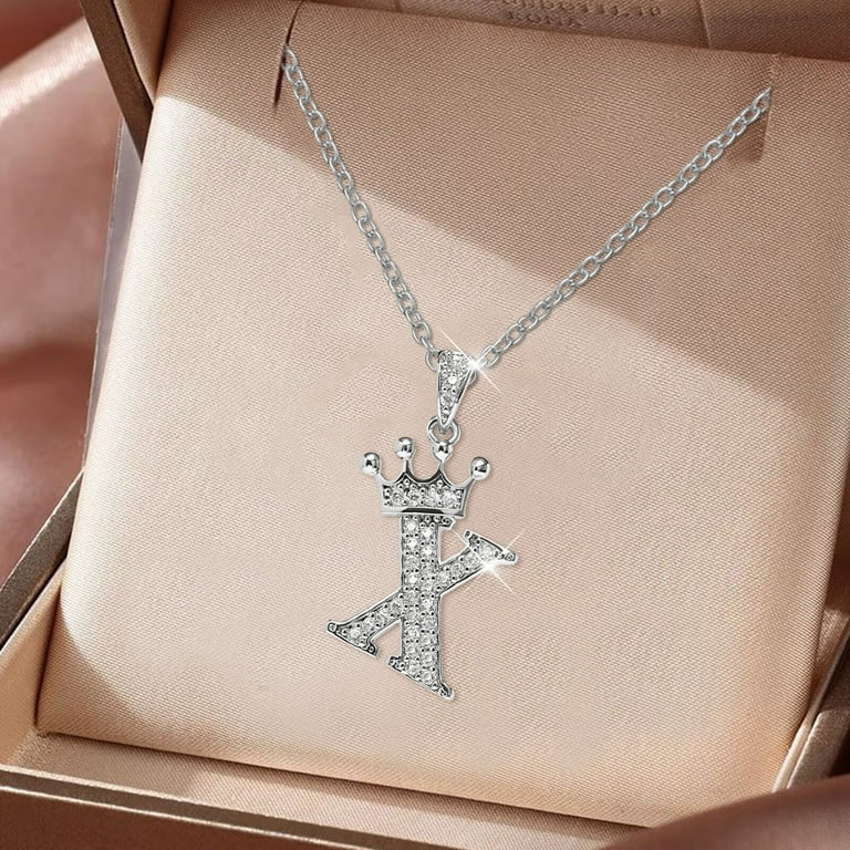 LBS Crown 26 English Letters Full Diamond Pendant Necklace for