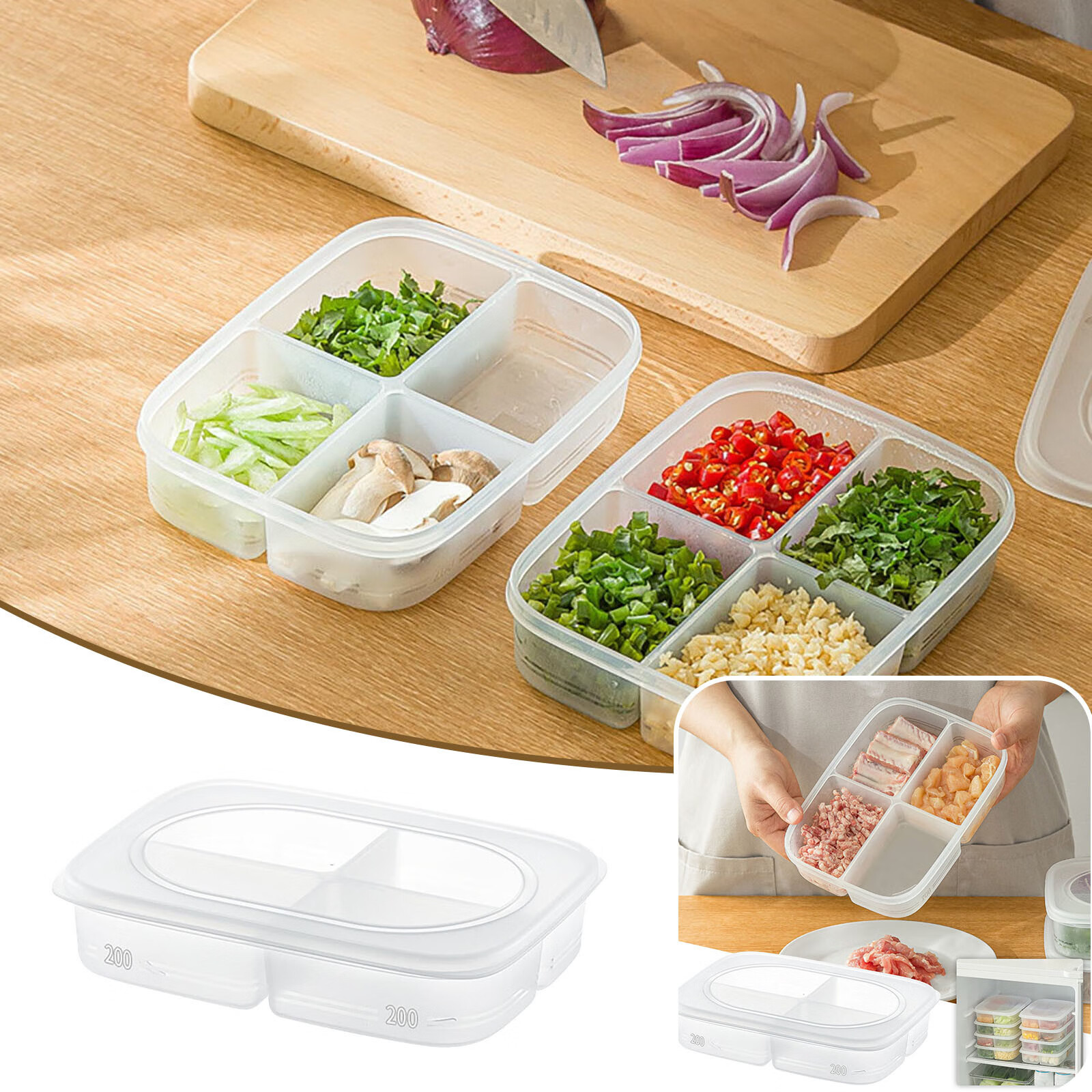 LBS Divided Veggie Tray with Lid Vegetable Storage Square Relish
