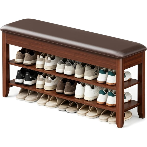 LBT Shoe Bench with Storage, Solid Rubberwood Shoe Rack Bench for Entryway, Adjustable 6.3" Shelf Fits High-Top Shoes & Boots, Hidden Storage Compartment, Cushion Seat, Stay-Open Hinge, Walnut