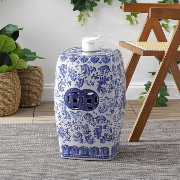 LBT1011A Floral Vine 18.5" Chinoiserie Ceramice Square Garden Stool, Blue/White for Bohemian, Coastal, Classic, Cottage, French Country, Traditional, Transitional