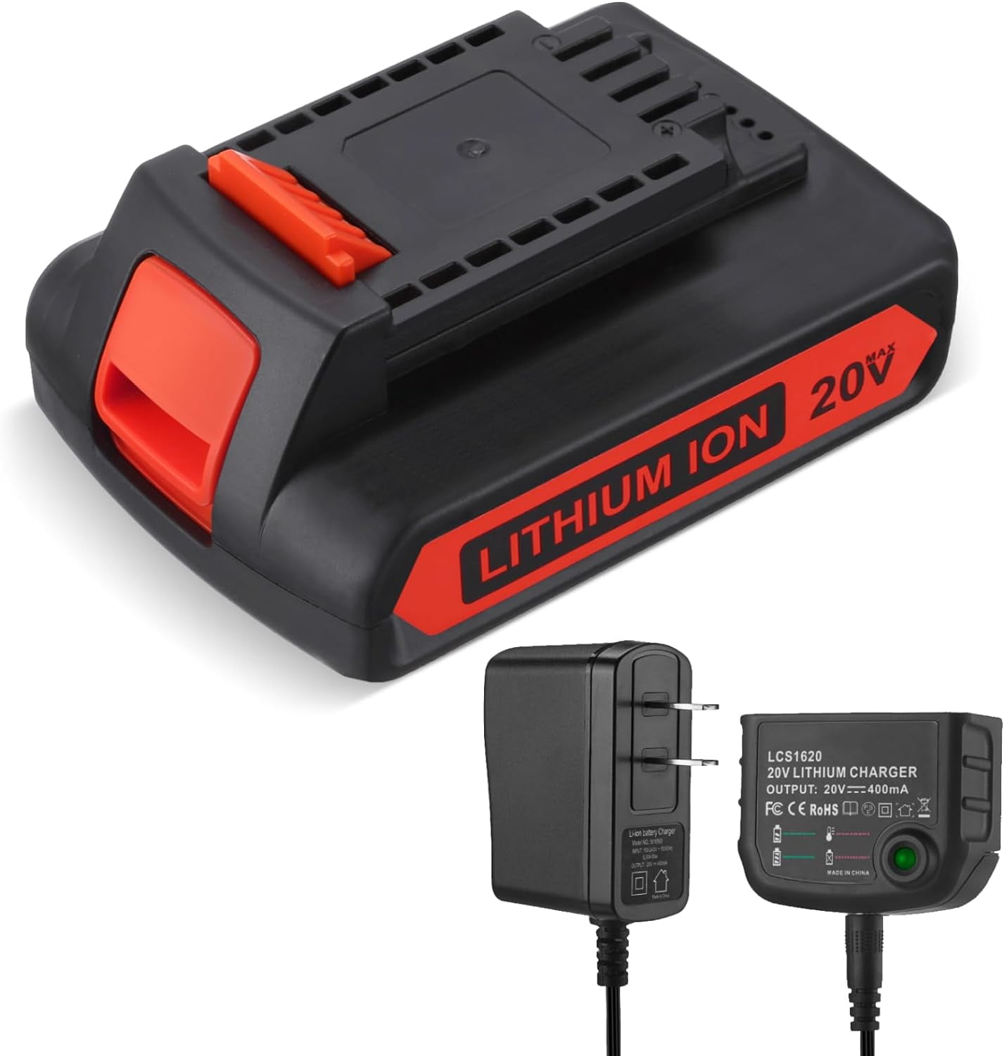 LBXR20 20V 3.0Ah Replacement for Black and Decker 20V Lithium Battery LB20 LBX20 LBXR20-OPE LBXR2020-OPE LB2X4020-OPE LBXR20B-2 LST220 LST300,with 16V/20V Multiple Volt Output Battery Charger