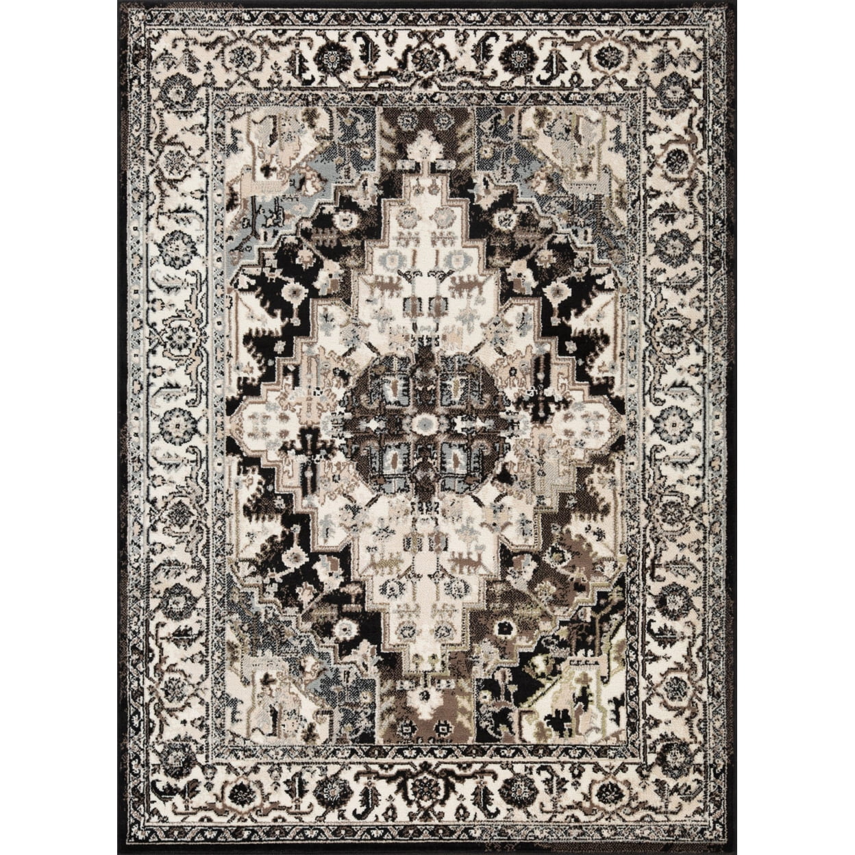 Black and Beige 5' x 7' Synthetic Traditional Area Rug