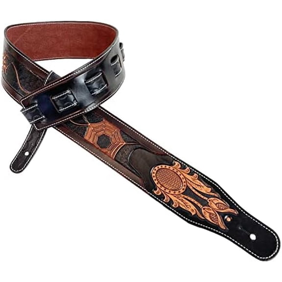 LC-38 Hand Made Super Premium Leather Guitar Strap with Hand Tooled Spider And Soft Peccary Back For Acoustic, Electric, And Bass Guitars
