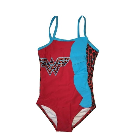 LC Boutique Toddler Girls One Piece Wonder Woman Swimsuit with Animal Print Ruffles in Sizes 2T to 4T