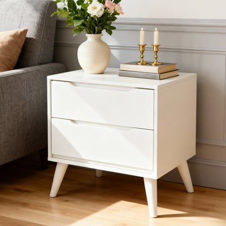 Leovanni Home Mid-Century Modern Nightstand, Solid Wood, 2 Drawers, Vintage Walnut Finish