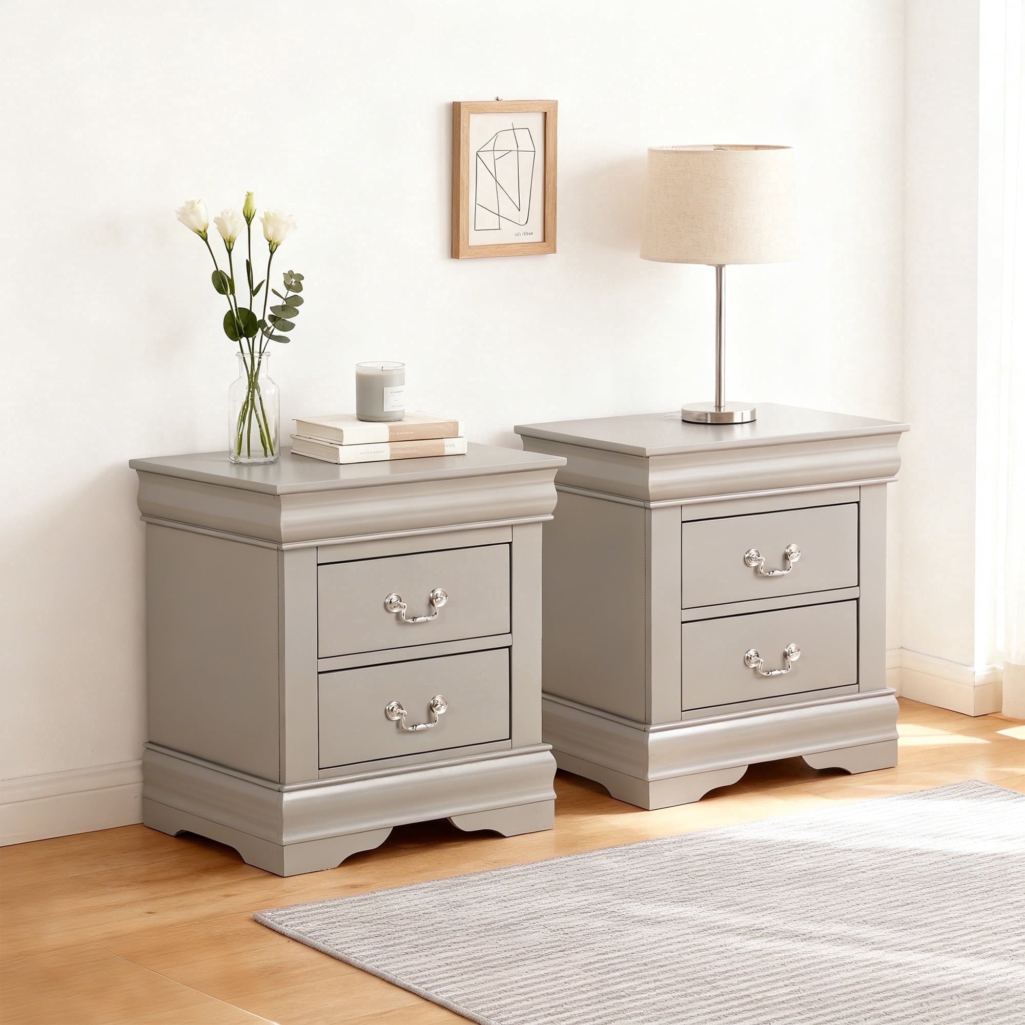 Leovanni Solid Wood Nightstand Set of 2, End Table with Drawers and Metal Handles, No Assembly Required, For Bedroom, Living Room, Adult, Gray